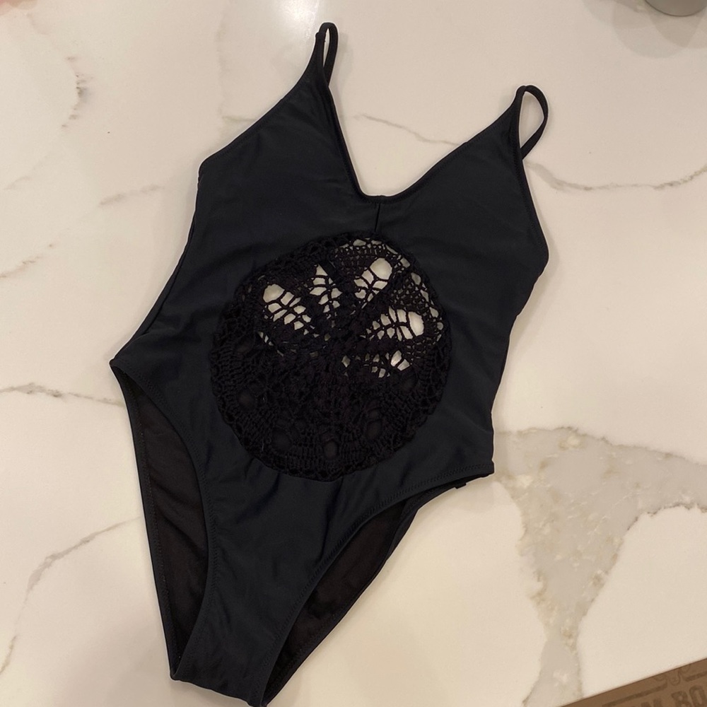 Black swim suit with crochet detailing